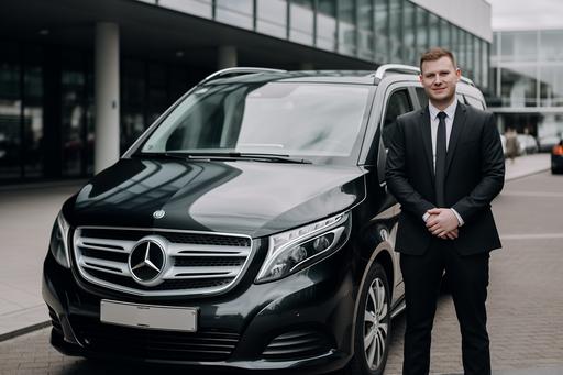 Minivan driver with smile standing in suit before his new black mercedes v class, Zurich airport in background, photo realistic --ar 3:2 --v 5.0