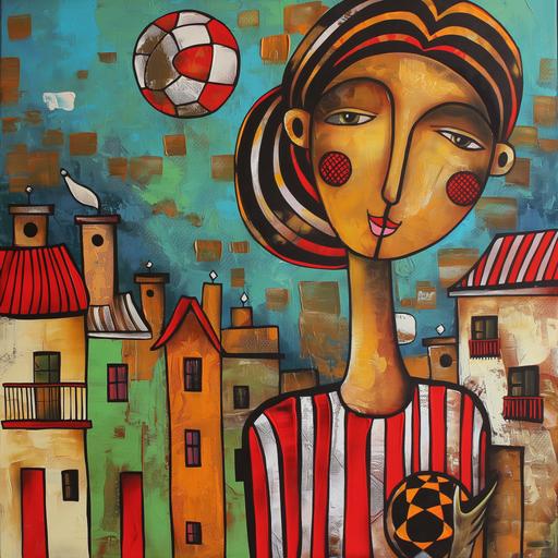 Miro style painting of red light district with lady in red and white striped football jersey holding a football ball --v 6.0