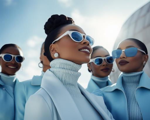 Mix of Middle aged and young women in powder blue coats, powder blue hues, white hues, wearing white turtleneck shirts, sunglasses, laughing, in the style of afrofuturism-inspired, jessica drossin, photorealistic renderings, fatima ronquillo, baby blue and white themed, nene thomas, mono-ha, zeta phi beta sorority, confident, cool lighting --ar 5:4 --iw .5