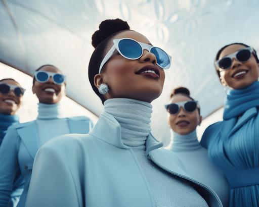 Mix of Middle aged and young women in powder blue coats, powder blue hues, white hues, wearing white turtleneck shirts, sunglasses, laughing, in the style of afrofuturism-inspired, jessica drossin, photorealistic renderings, fatima ronquillo, baby blue and white themed, nene thomas, mono-ha, zeta phi beta sorority, confident, cool lighting --ar 5:4 --iw .5