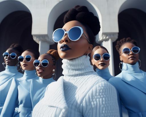 Mix of Middle aged and young women in powder blue coats, powder blue hues, white hues, wearing white turtleneck shirts, sunglasses, laughing, in the style of afrofuturism-inspired, jessica drossin, photorealistic renderings, fatima ronquillo, baby blue and white themed, nene thomas, mono-ha, zeta phi beta sorority, confident, cool lighting --ar 5:4 --iw .5