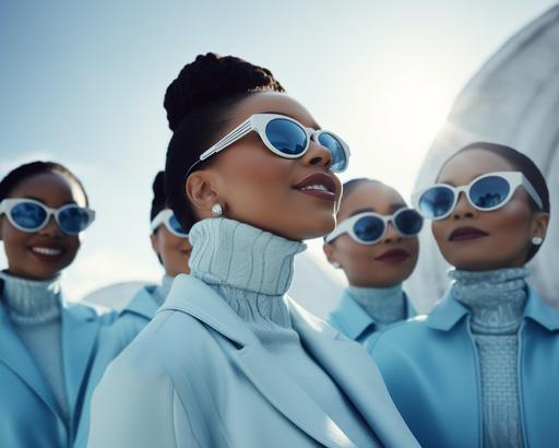 Mix of Middle aged and young women in powder blue coats, powder blue hues, white hues, wearing white turtleneck shirts, sunglasses, laughing, in the style of afrofuturism-inspired, jessica drossin, photorealistic renderings, fatima ronquillo, baby blue and white themed, nene thomas, mono-ha, zeta phi beta sorority, confident, cool lighting --ar 5:4 --iw .5