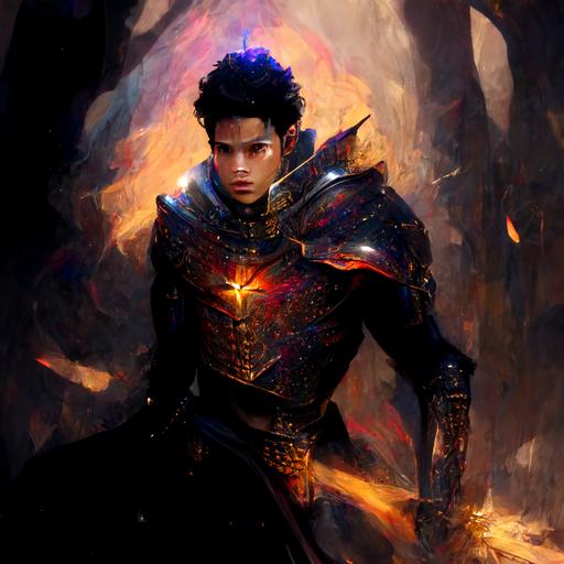 Mixed man with black hair, dark matter ,sword,armor, royalty, prince, dark vibe, , diabolic , realistic, veins , amber , anatomical drawing , ancient , forest, celestial, concept art , dangerous , electrical, lightspeed, matter , nebula , photorealistic, quasar , space , wind , accent lighting , crepuscular rays, lava glow, backlight , dusk , moonlight , natural lighting, like a god , --quality 2 --q 2 --upbeta --v 4 --q 2 --upbeta --v 4
