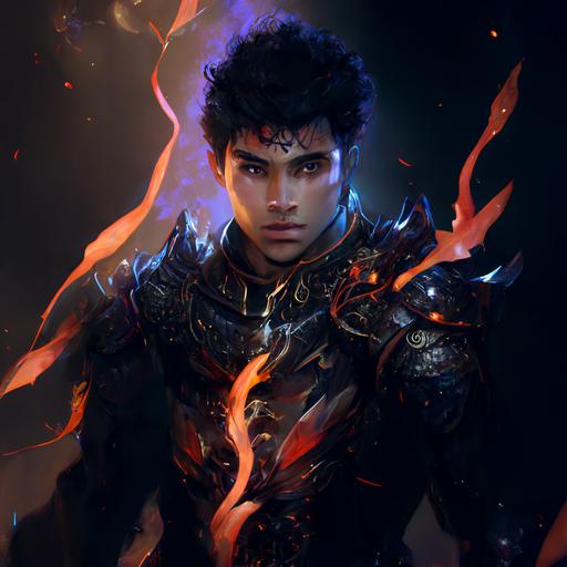 Mixed man with black hair, dark matter ,sword,armor, royalty, prince, dark vibe, , diabolic , realistic, veins , amber , anatomical drawing , ancient , forest, celestial, concept art , dangerous , electrical, lightspeed, matter , nebula , photorealistic, quasar , space , wind , accent lighting , crepuscular rays, lava glow, backlight , dusk , moonlight , natural lighting, like a god , --quality 2 --q 2 --upbeta --v 4 --q 2 --upbeta --v 4