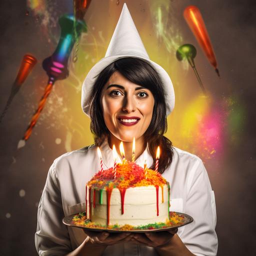 a happy smailing women with big brown eyes, black hair ,celebrating her birthday, holding a cake with her hands , wearing a birthday colorfull cone hat and white shirt, magic candles of a big colorfull cake with a lot cream, hyper realistic photography, cinematic, HDR, hyper realistic animation, colorful, Sharp textura, taken with wide angle lens, flat background, colorfull ballonsfull shot, 4k --v 5 --v 5