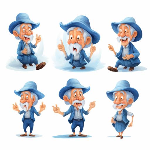 Moana book illustration style, old man character, 75 years old, multiple poses and expressions, simple, full colour, magic blue hat, blue dress, mustache --no outline