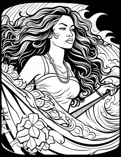 Moana sailing on her boat with the ocean and Maui's tattoo in the background, coloring page, 2d outlined, clean and thick lines, black background, low details, --ar 17:22