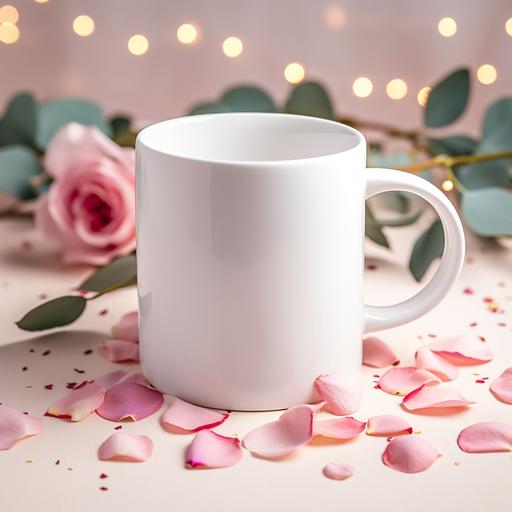 Mockup empty, blank white 11oz mug mockup on a table, where the interior was decorated with Valentines ornaments or rose petals in Valentines vibe, hyperrealistic photography, cool tone