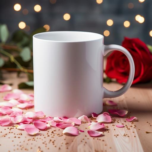 Mockup empty, blank white 11oz mug mockup on a table, where the interior was decorated with Valentines ornaments or rose petals in Valentines vibe, hyperrealistic photography, cool tone