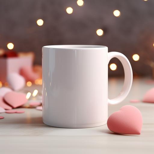 Mockup empty, blank white 11oz mug mockup on a table, where the interior was decorated with Valentines ornaments in Valentines vibe, hyperrealistic photography, cool tone