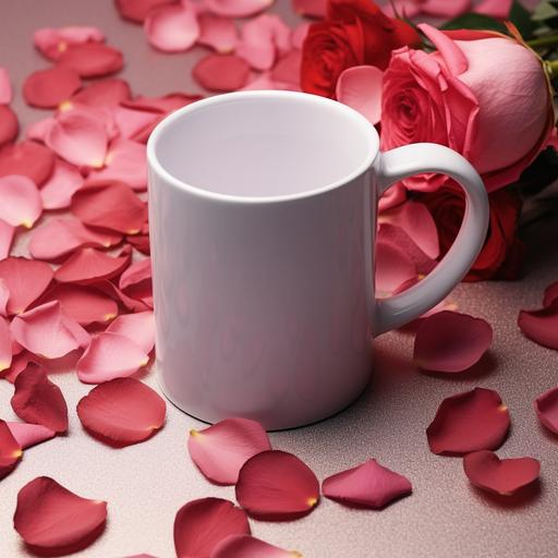 Mockup empty, blank white 11oz mug mockup on a table, where the interior was decorated with Valentines ornaments or rose petals in Valentines vibe, hyperrealistic photography, cool tone