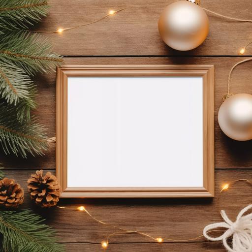 Mockup of blank Christmas Frame Mockup, White Frame Mockup , Styled Christmas Frame Mockup, Christmas Ball, tree, Christmas Background --v 5.2