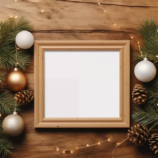 Mockup of blank Christmas Frame Mockup, White Frame Mockup , Styled Christmas Frame Mockup, Christmas Ball, tree, Christmas Background --v 5.2