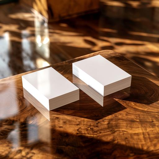 Mockup of two blocks, one next to the other, blank business card, on a shiny, varnished mahogany wooden table. Chic. In high resolution. --v 6.0