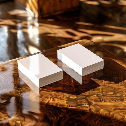Mockup of two blocks, one next to the other, blank business card, on a shiny, varnished mahogany wooden table. Chic. In high resolution.