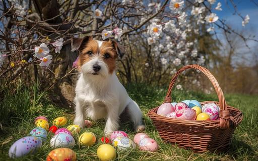 Realistic Coarse haired Jack Russell Terrier sitting with Easter Eggs creel, must have longer fur, long haired, dressed in Moravian costume, nice garden, grass and flowers everywhere, nice weather, sun is shinnig, blue sky, hyper realistic, hyper detailed, Sony A7 photography, Color Grading, Photography, Photoshoot, Shot on 85mm lens, f1.2, Depth of Field, DOF, 32k, Super-Resolution, Megapixel, Backlight, Natural Lighting, Incandescent, Optical Fiber, Studio Lighting, Soft Lighting, Volumetric, Conte-Jour, Beautiful Lighting, Accent Lighting, Global Illumination, Screen Space Global Illumination, Ray Tracing Global Illumination, Optics, Scattering, Glowing, Shadows, Rough, Shimmering, Ray Tracing Reflections, Lumen Reflections, Screen Space Reflections, Diffraction Grading, Chromatic Aberration, GB Displacement, Scan Lines, R a y Traced, Ray Tracing Ambient Occlusi on, Anti-Aliasing, FKAA, TXAA, RTX, SSAO, Shaders, OpenGL-Shaders, GLSL-Shaders, Post Processing, Post-Production, Cell Shading, Tone Mapping, CGI, VFX, SFX, insanely detailed and intricate , hyper maximalist , elegant, hyper realistic, super detailed, dynamic pose, photography, Hyper realistic, volumetric, photorealistic, ultra photoreal, ultra-detailed, intricate details, 8K, super detailed, full color, ambient occlusion, volumetric lighting , high contrast , HDR --ar 16:10 --v 5