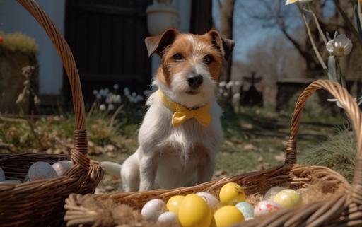 Realistic Coarse haired Jack Russell Terrier sitting with Easter Eggs creel, must have longer fur, long haired, dressed in Moravian costume, passing nice yellow geeses, in the garden, grass and flwers everywhere, nice weather, sun is shinnig, blue sky, hyper realistic, hyper detailed, Sony A7 photography, 8K --ar 16:10 --v 5