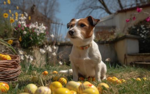 Realistic Coarse haired Jack Russell Terrier sitting with Easter Eggs creel, must have longer fur, long haired, passing nice yellow geeses, in the garden, grass and flwers everywhere, nice weather, sun is shinnig, blue sky, hyper realistic, hyper detailed, Sony A7 photography, 8K --ar 16:10 --v 5