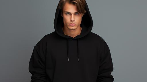 Model guy with light brown hair and blue eyes realistic photo 8K in a black hoodie with a hood without logos Full-length portrait on a light background like in a photo studio --ar 16:9