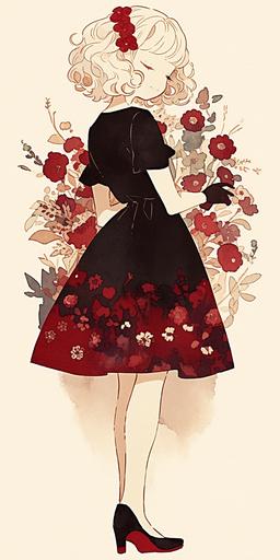 Model in a dress inspired by a dark red dahlia, 1940s hair and makeup, fashion illustration --ar 1:2 --niji 5 --style cute