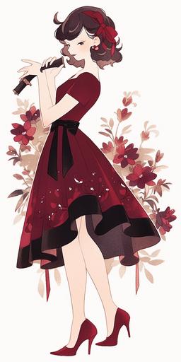 Model in a dress inspired by a dark red dahlia, 1940s hair and makeup, fashion illustration --ar 1:2 --niji 5 --style cute