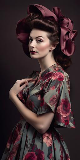 Model in a dress inspired by a dark red dahlia, 1940s hair and makeup, fashion photography --ar 1:2 --niji 5 --style expressive