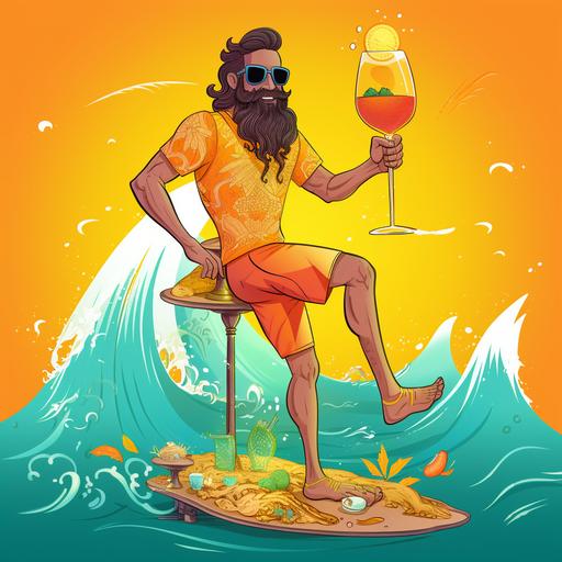 Modern Poseidon as a cartoon, sliding on a surfboard in the sea, in one hand holding a drink, drink is a rum with cola, dressed only in yellow shorts, necklace on the neck, small surfboard