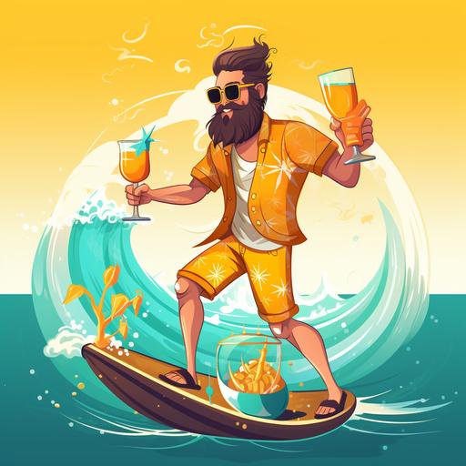Modern Poseidon as a cartoon, sliding on a surfboard in the sea, in one hand holding a drink, drink is a rum with cola, dressed only in yellow shorts, necklace on the neck, small surfboard