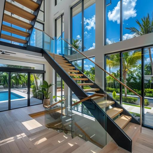 Modern center metal stringer floating white oak staircase with glass and wood handrails, miami beach style with tall windows and pool and garden on the background. Use a single mono stringer black mate color.