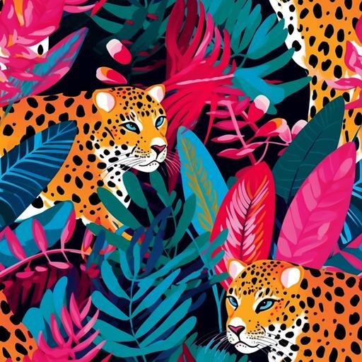 Modern exotic illustration pattern with colored striped leaves, and pink and red leopards. Seamless pattern. Fashionable template for design. pattern, --tile
