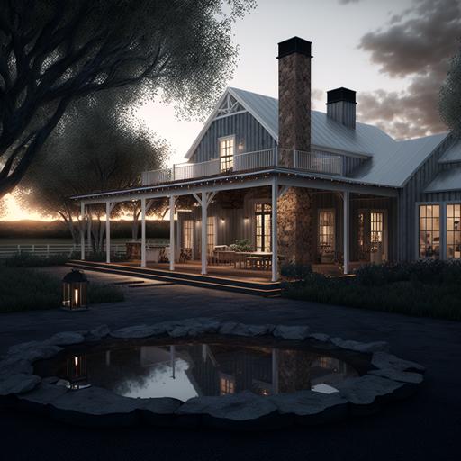 Modern farmhouse mansion, back patio, with inground pool, gazebo, and fire oitmodern attention to detail landscape architectural design for industrialpunk, dramatic lighting and composition, octane render, unreal engine 5, 8k