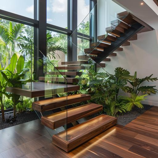 Modern floating black walnut staircase with glass and wood handrails, Luxury orlando style with tall windows and garden under the stairs. Use a single mono stringer black mate color.
