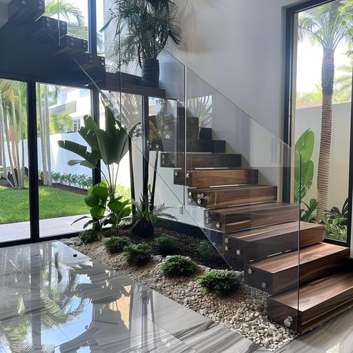 Modern floating black walnut staircase with glass and wood handrails, Luxury orlando style with tall windows and garden under the stairs. Use a single mono stringer black mate color.