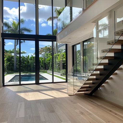 Modern floating white oak staircase with glass and wood handrails, miami beach style with tall windows and pool and garden on the background. Use a single mono stringer black mate color.