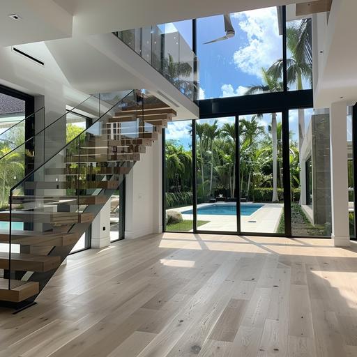 Modern floating white oak staircase with glass and wood handrails, miami beach style with tall windows and pool and garden on the background. Use a single mono stringer black mate color.