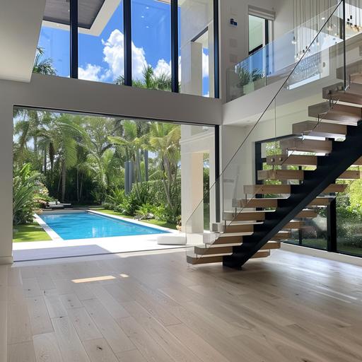 Modern floating white oak staircase with glass and wood handrails, miami beach style with tall windows and pool and garden on the background. Use a single mono stringer black mate color. --v 6.0
