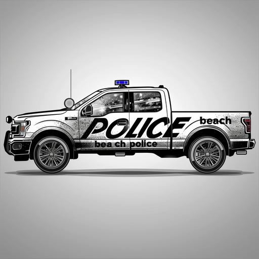 Modern highly detailed police car graphic displayed on a black and white ford lightning pickup truck. Focus on the graphic design of the 
