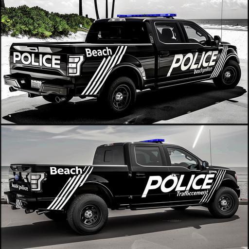 Modern highly detailed police car graphics displayed on a black and white ford lightning pickup truck. Focus on the graphic design of the 