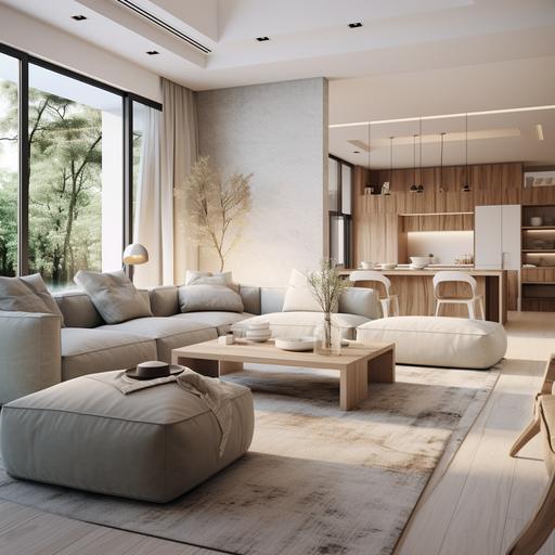Modern interior design，Minimalism，Scandinavian design，Contemporary design，Clean lines，Neutral colors，natural stone, natural wood, glass sliding doors, large window, Functional design，Space planning，Natural light，Zen philosophy，Uncluttered space，Realistic effect, living room design, low luxury，B& B furniture， – – iw2