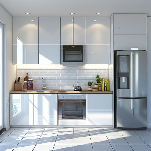 Modern kitchen cabinet design with microwave, refrigerator, range hood, sink, white kitchen cabinets, and a wide-angle shot, ar 1:1, v6.