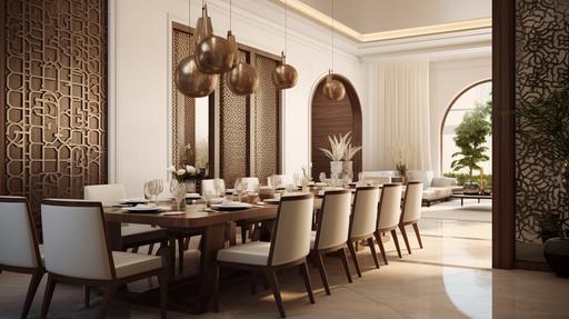 Modern minimalist dining room in a Dubai house fusing Arabic elements, featuring neutral color palette, Islamic engraved patterns on wall, mahogany dining set, cabinets, pendant lights over table, 3D rendering from perspective view, 18K， --ar 16:9 --v 5.2