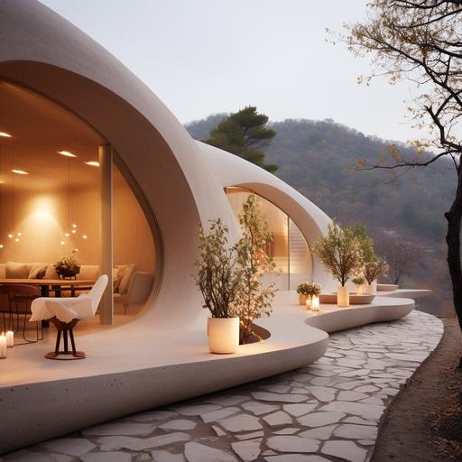 Modern mountainside cabin in the style of OHLAB Architecture, minimalist ceramics, inspired by eco turism, folklore, crisp and delicate, vernacular, minimalist form, mediterranean landscapes --s 250