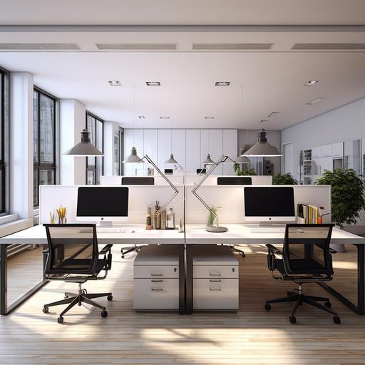 Modern style office with 4 desks, desks facing each other in pairs in a 32 square meter desk area which is in limited space, wooden floor, white walls, with a solid white divider for each desk, desk size 200. square centimeter Light gray, black computer, dual screen ,Realistic interior design