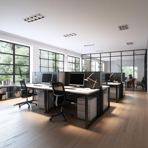 Modern style office with 4 desks, desks facing each other in pairs in a 32 square meter desk area which is in a limited area, wooden floor, white walls, and a half-opaque black partition with clear glass. ,Work desk size 200 square centimeters Light gray, black computer, dual screen ,Realistic interior design,