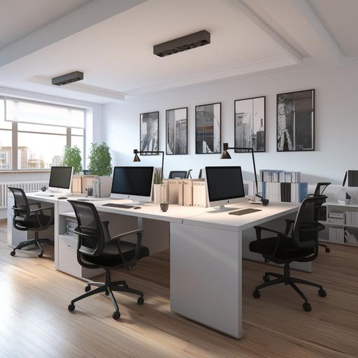 Modern style office with 4 desks, desks facing each other in pairs in a 32 square meter desk area which is in limited space, wooden floor, white walls, with a solid white divider for each desk, desk size 200. square centimeter Light gray, black computer, dual screen ,Realistic interior design