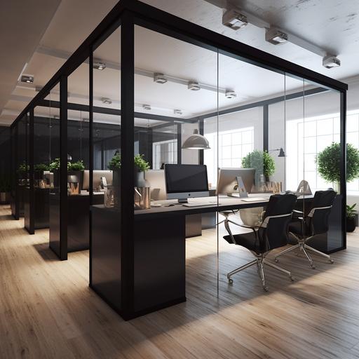 Modern style office with 4 desks, facing each other in pairs in a 32 square meter desk area which is in limited space, wooden floor, white walls, and a half-length black partition. Half clear glass, work desk size 200 square centimeters Light gray, black computer, dual screen ,Realistic interior design,