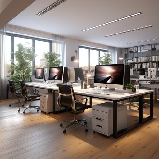 Modern style office with 4 desks facing each other in pairs in a 32 square meter desk area, wooden floor, white walls, and dividers for each desk. ,Working table size 200 square centimeters Light grey, black computer with 2 monitors per desk, realistic interior design, nice place to work.