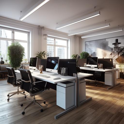 Modern style office with 4 desks facing each other in pairs in a 32 square meter desk area, wooden floor, white walls, and dividers for each desk. ,Working table size 200 square centimeters Light grey, black computer with 2 monitors per desk, realistic interior design, nice place to work.