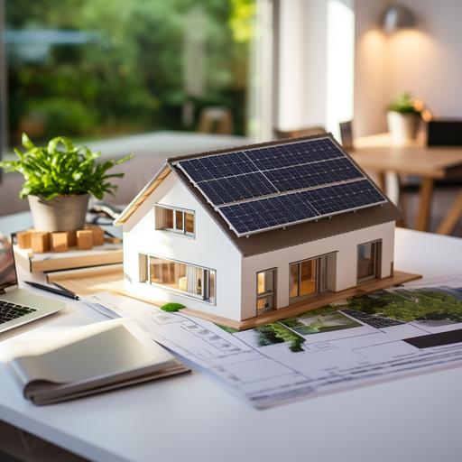 Modernes Wohngebäude, Energieeffizienz-Skala 'E' bis 'A+++', Energieberater mit Stift, Bauplan, Laptop mit Energiegrafiken, Sonnenaufgang, grünes Blatt-Symbol, Text: 
