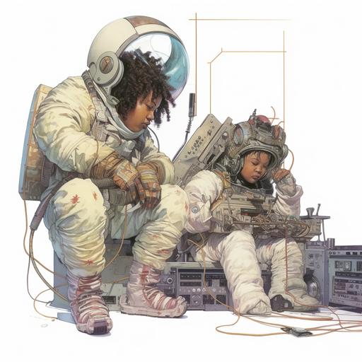 Moebius, Enki Bilal, fat Female African rapper in tatty russian space suit, with child DJ in oversized Russian space suit, jamming and mixing music, white background.